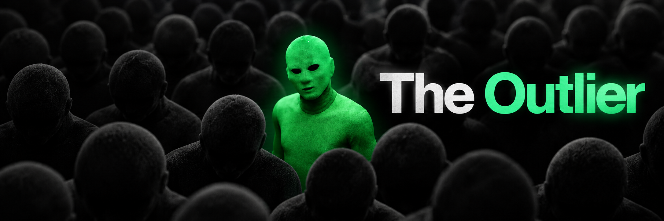 A vast crowd of dark, faceless figures with heads bowed. One figure in a vivid green mask stands among them, beside the words The Outlier.